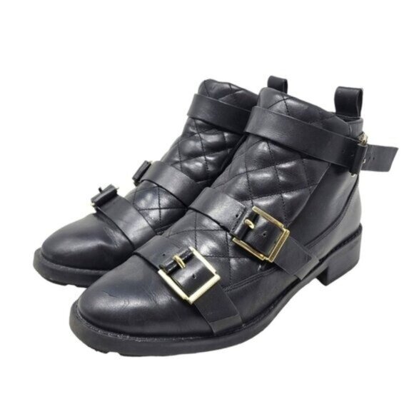 Zara | Quilted Leather Moto Buckle Ankle Boots Black - Picture 1 of 11